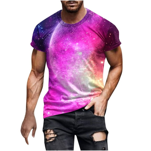 Idoravan Shirts for Men Big and Tall 4Xl Plus Size Tops 4X Short Sleeve Men's Casual Sky Printed Round Neck Short Sleeved T-shirt Top