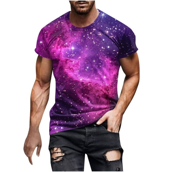 Idoravan Shirts for Men Big and Tall 4Xl Plus Size Tops 4X Short Sleeve Men's Casual Sky Printed Round Neck Short Sleeved T-shirt Top