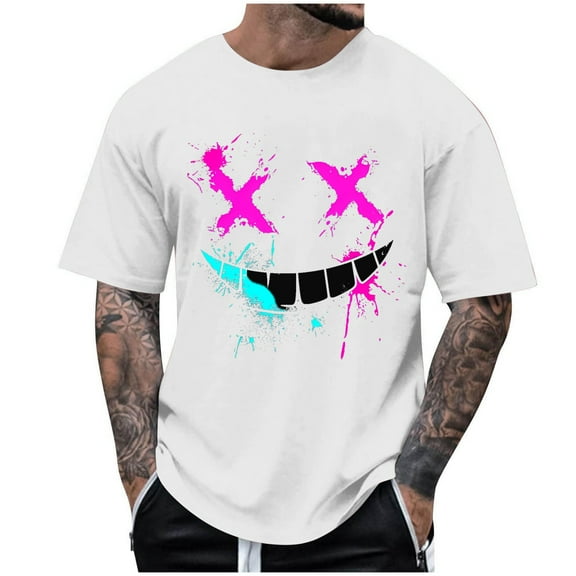 Idoravan Shirts for Men Big and Tall 4Xl Plus Size Tops 4X Short Sleeve Summer Fashion Casual Men's Round Neck Printed T-shirt Top