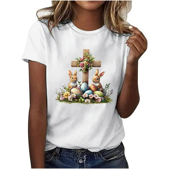 Idoravan Shirts for Women Loose Fit Women's Fashion Easter Printed Round Neck Short Sleeve Round Neck Top / Shirt