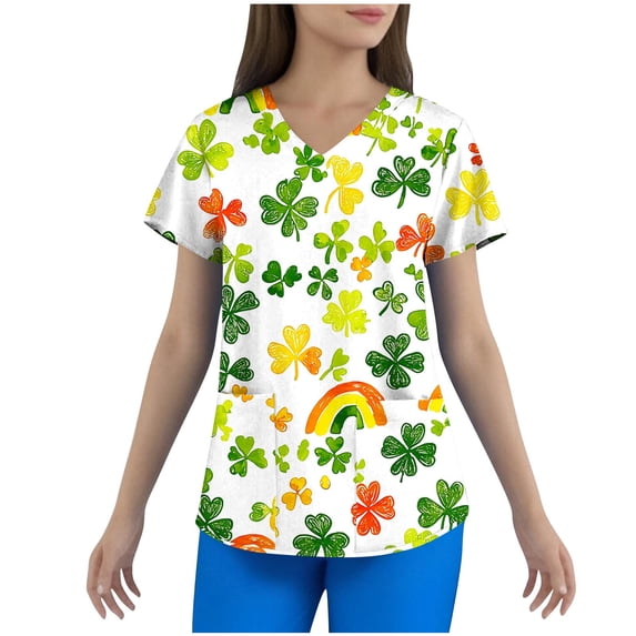 Idoravan Short Sleeve Shirts For Women Loose Fit Scrubs For Women Tops St. Patrick's Print Shirt V Neck Cartoon Pattern Short Sleeve Nursing Uniform with Pockets Protective Top Green XXL