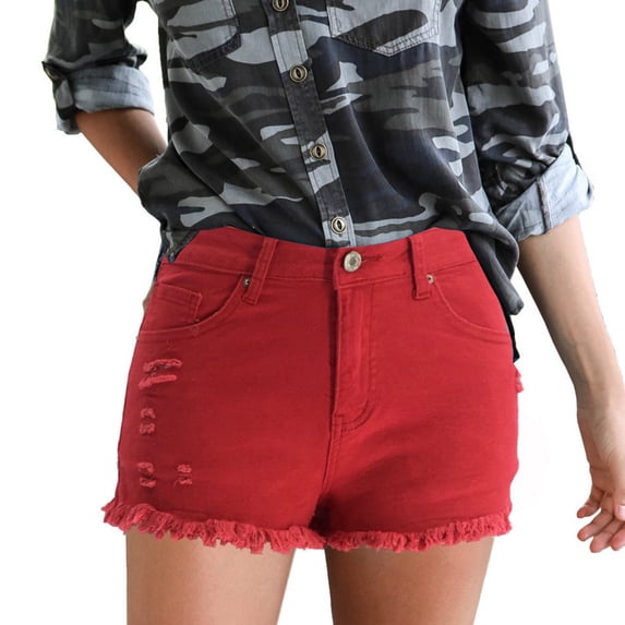 Idoravan Shorts for Women Clearance Women's Stretchy Denim High-Waist Shorts Frayed Ripped Shorts with Pockets Pants