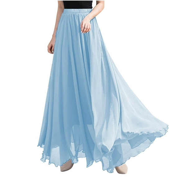 Idoravan Elastic Waist A-Line Flared Princess Skirt Womens Fashion Solid Color High Waist Elastic Waist Mmulti-storey Beach Skirt