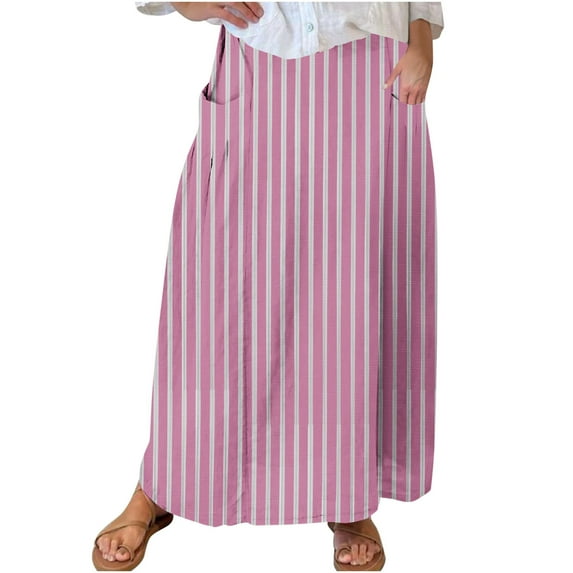 Idoravan Skirt for Women Plus Size Clearance Women's Printed Elastic Waistband Pleated Pocket Skirt With Mid Calf Skirt