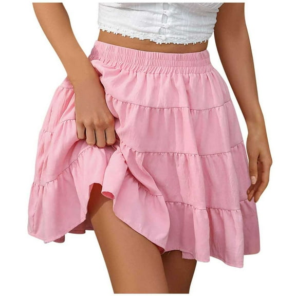 Skirt for Women Short Pink Skirt for Women Short Ruffles Fashion Women's Solid Ruffle High Elastic Waist Mini Casual Skirts