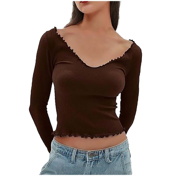 Idoravan Slim Fit Women Long Sleeve T-shirt Basie Tees,Women's Long Sleeved Ruffled Round Neck Tight Top Coffee XL
