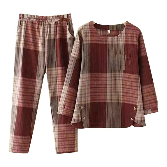 Idoravan Spring Clothes Women's Pajama Sets Long Sleeve Pj Tops and Pants 2 Piece Loungewear Set with Pockets Wine S