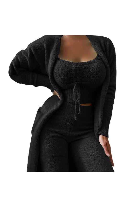 Spring Clothes Womens Sets Clothing Women's Casual Solid Vests and Long Sleeve Overcoat Tops and Long Pants Suits Pajamas 3-piece Set Black S