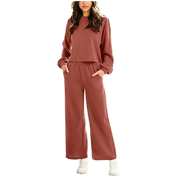 Idoravan Spring Savings Womens Sets Clothing Women's Usual Loose Solid Spring and Summer Style Loose Round- Neck Suits Pink XXL