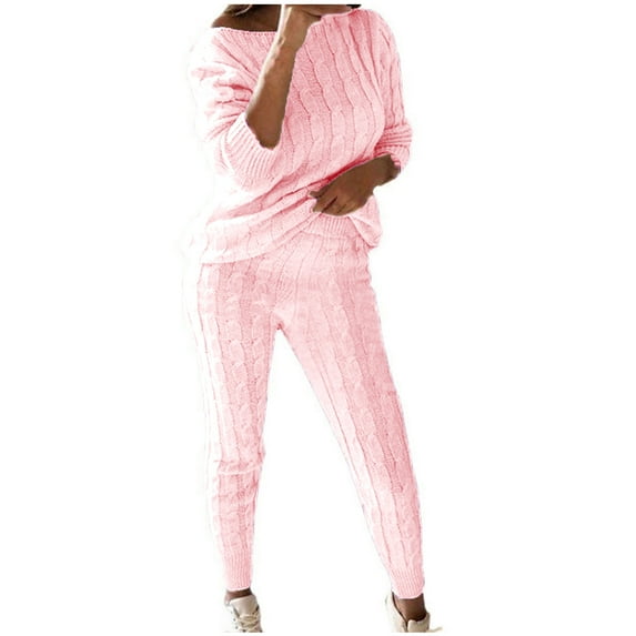 Idoravan Spring Clothes Womens Sets Clothing Womens Solid Color Off Shoulder Long Sleeve Cable Knitted Warm Two-Piece Long Pants Sweater Suit Set Pink XXXL