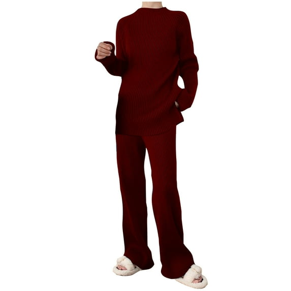 Idoravan Spring Savings Womens Sets Clothing Women Casual Knitted Set Round Neck Long Sleeve Tops Pants Solid Color Two Piece Set Wine XXL