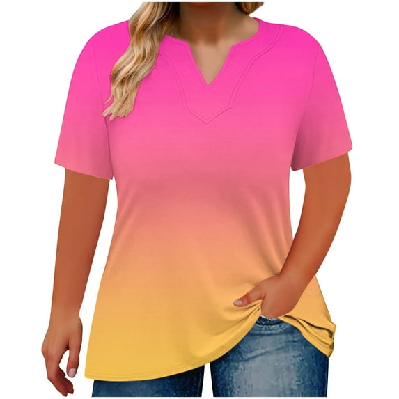 Idoravan Spring Tops for Women 2025 Trendy Plus Size Women's V-neck Printed Oversized Short SleevesT-shirt