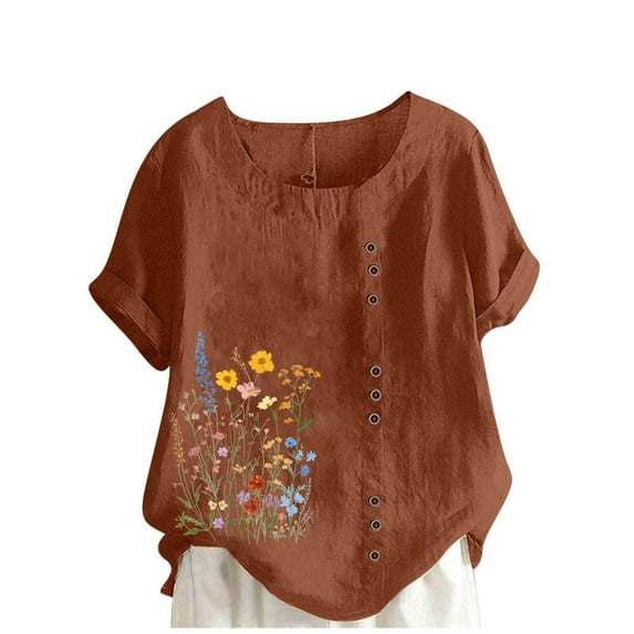 Idoravan Spring Tops for Women Plus Size 2025 Women Fashion Casual Linen Top Printed Short Sleeve Button T-shirt Blouse Top