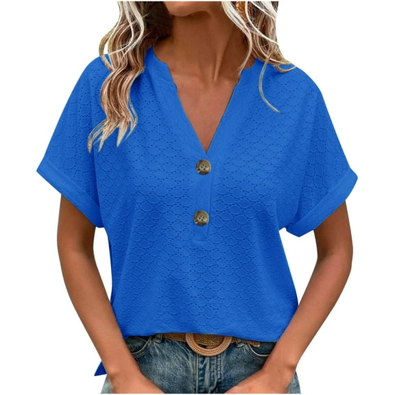 Idoravan Spring Tops for Women Plus Size 2025 Women's Fashion Casual Solid Color Button V-neck T-shirt Top Short Sleeved V-neck Top/shirt