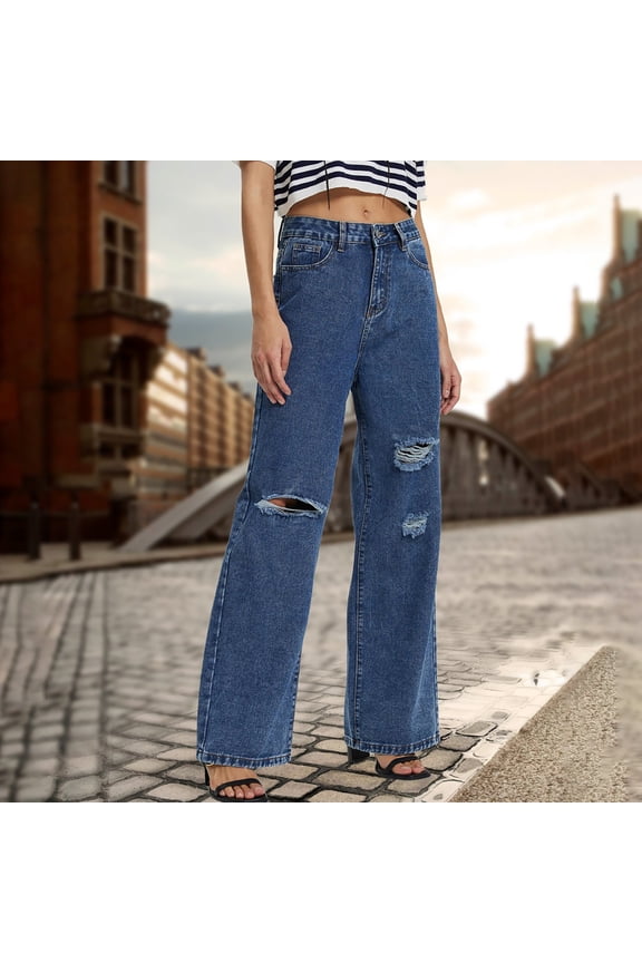 Straight Jeans for Women Women's Fashion High Waisted Pocket Hole Pants Street Trendsetters Straight Tube Casual Denim Pants Blue M