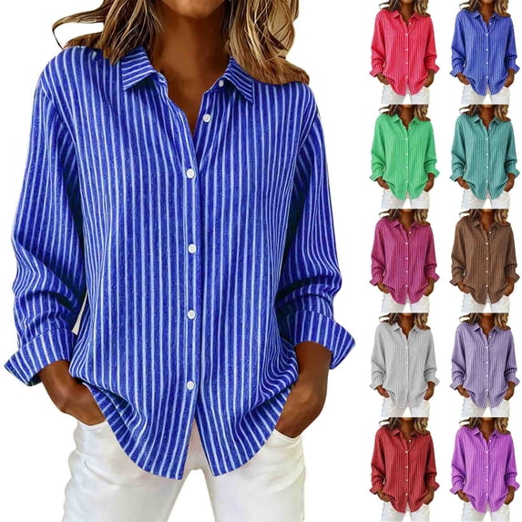 Idoravan Striped Button Down Shirts for Women Classic Long Sleeve Collared Office Work Blouses Tops Fashion Women Solid Causal Button Blouse Long Sleeve T-Shirt Summer Top Blouses