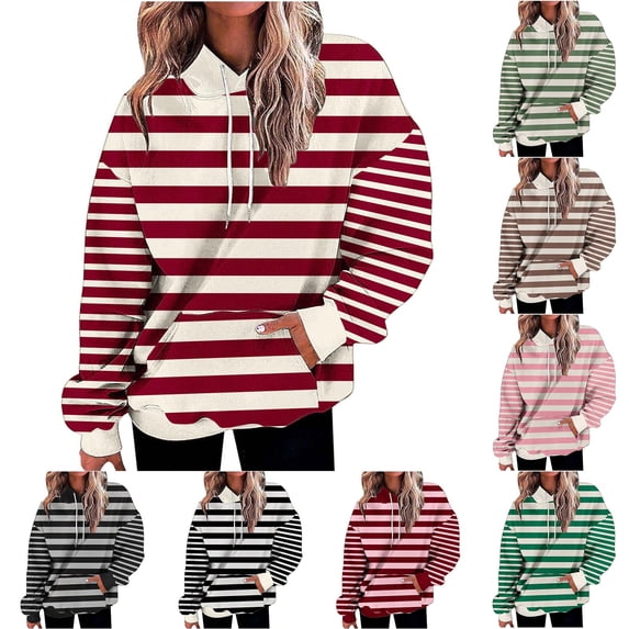 Idoravan Striped Sweatshirt Front Pocket for Women Oversized Women's Loose Fitting Hooded Long Sleeved Hoodie Sports Top with Frant Pocket Brown L
