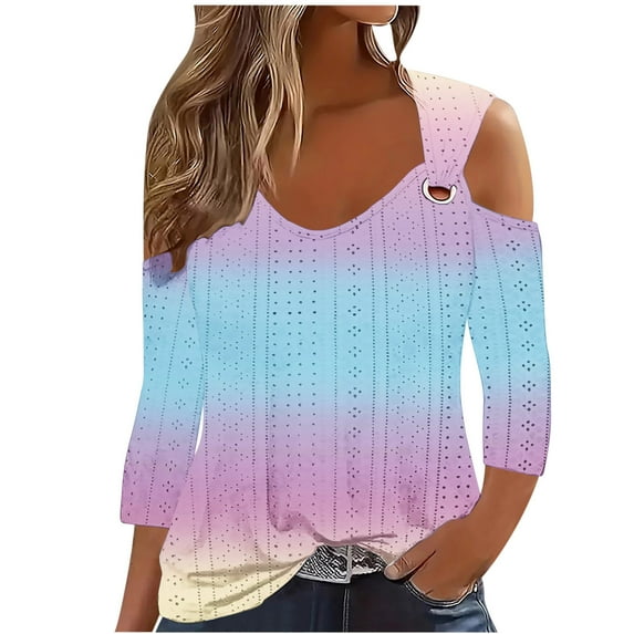 Idoravan Summer Blouses for Women Plus Size 3/4 Sleeve Tops for Women Trendy Fashion 2024 Women's Fashion Casual Printed Shoulder Leakage Short Sleeve Pullover Short Sleeve Top