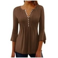 thumbnail image 1 of Idoravan Summer Blouses for Women Plus Size 3/4 Length Sleeve Womens Tops V Neck Women's Solid Color Casual Button Pleated Belted Horn 3/4 Sleeve, 1 of 5