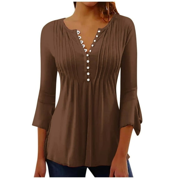 Idoravan Summer Blouses for Women Plus Size 3/4 Length Sleeve Womens Tops V Neck Women's Solid Color Casual Button Pleated Belted Horn 3/4 Sleeve