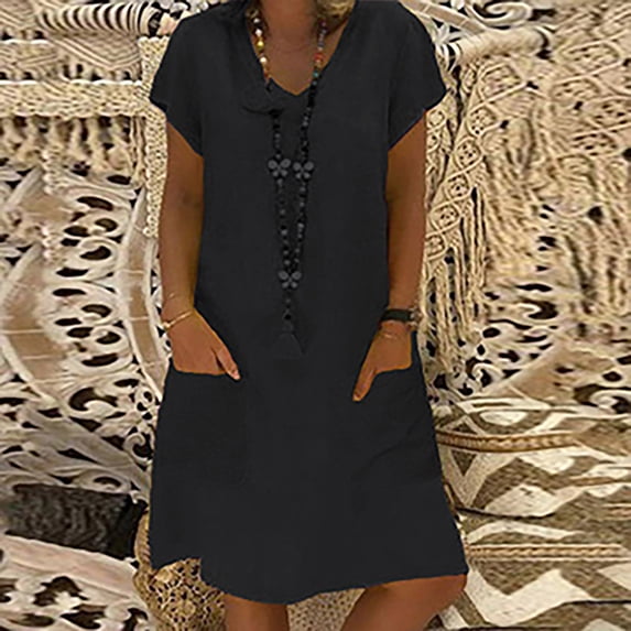 Idoravan Summer Dresses for Women Clearance Fashion Women Summer Casual Solid Dress V-Neck Short Sleeve Loose Dress