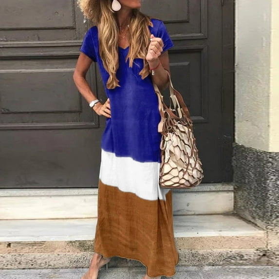 Idoravan Summer Dresses for Women Clearance Women Plus Size Daily Tie-dyed Color Block Loose V Neck Short Sleeve Dress