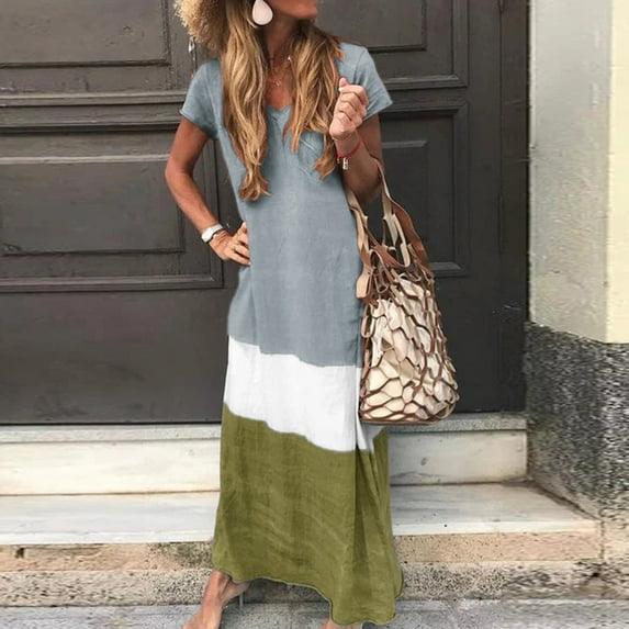 Idoravan Summer Dresses for Women Clearance Women Plus Size Daily Tie-dyed Color Block Loose V Neck Short Sleeve Dress