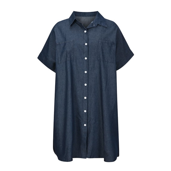 Idoravan Summer Dresses for Women Clearance Women's Dress Fashion Short Sleeve Slim Solid Color Loose Thin Denim Dress