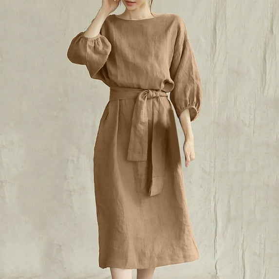 Idoravan Summer Dresses for Women Women's Fashion Round Neck Loose Short Sleeve Solid Mid-Calf Dress Long Dress