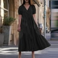 thumbnail image 1 of Idoravan Summer Dresses for Women Clearance Women's Fashion V-neck Loose Short Sleeve Solid Mid-Calf Dress Swing Long Dress, 1 of 8