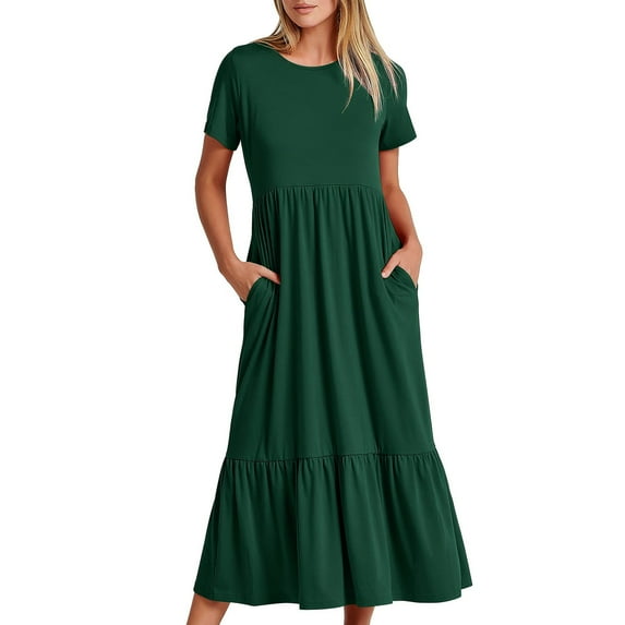 Idoravan Summer Dresses for Women Clearance Women's Summer Casual Short Sleeve Crewneck Dress Casual Flowy Tiered Maxi Beach Dress with Pockets