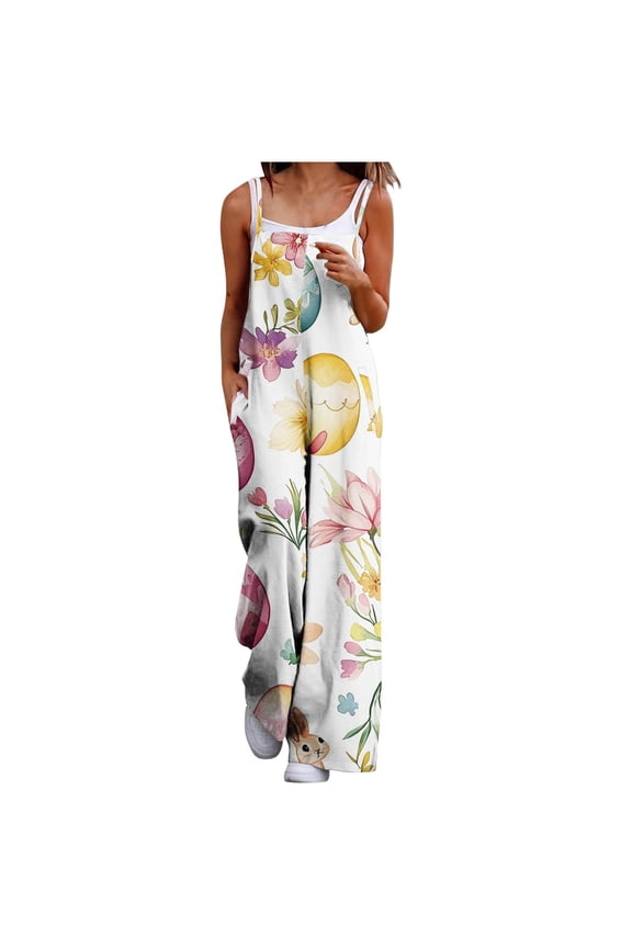 Summer Jumpsuits for Women 2026 Easter Jumpsuits for Women Cute Bunny Easter Egg Graphic Overalls Women Fashion Casual Loose Printed Pockets Sleeveless Back Strap Jumpsuit