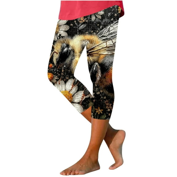 Idoravan Summer Leggings for Women Capri Ladies' Bee Day Printed Leggings Yoga Casual Cropped Pants Bottom Cropped Pants