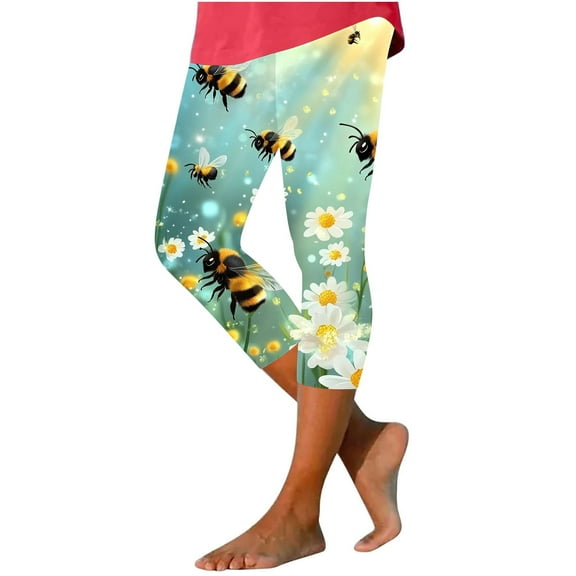 Idoravan Summer Leggings for Women Capri Ladies' Bee Day Printed Leggings Yoga Casual Cropped Pants Bottom Cropped Pants