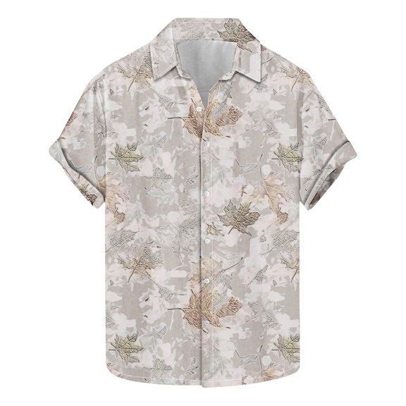 Idoravan Summer 2025 Summer Clothes for Men T-Shirt Men's Fashion Casual Leaf Print Short Sleeve Lapel Shirt Top