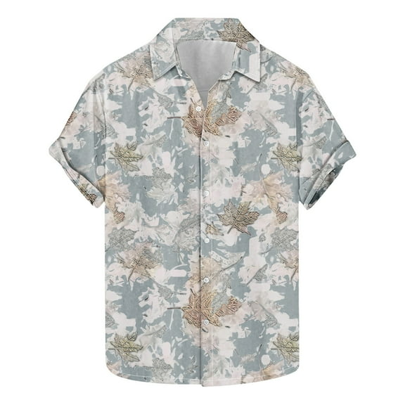 Idoravan Summer 2025 Summer Clothes for Men T-Shirt Men's Fashion Casual Leaf Print Short Sleeve Lapel Shirt Top