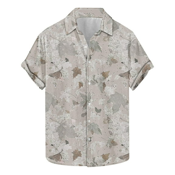 Idoravan Summer 2025 Summer Clothes for Men T-Shirt Men's Fashion Casual Leaf Print Short Sleeve Lapel Shirt Top
