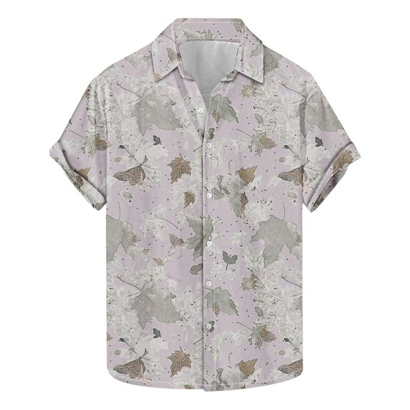 Idoravan Summer 2025 Summer Clothes for Men T-Shirt Men's Fashion Casual Leaf Print Short Sleeve Lapel Shirt Top