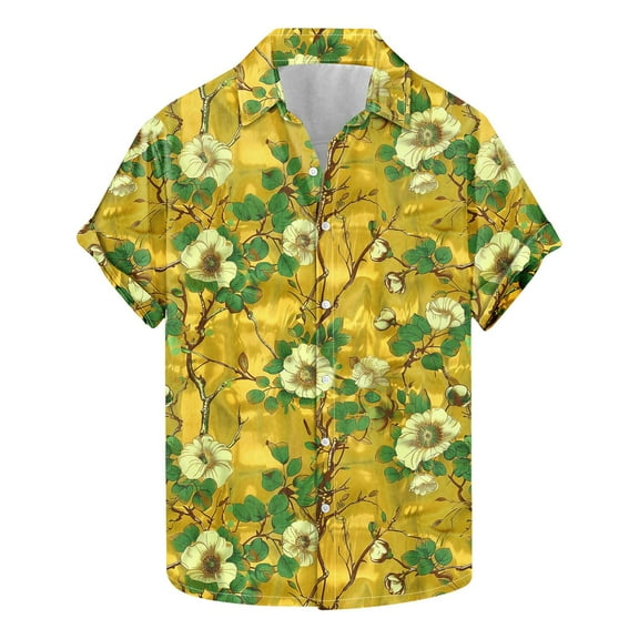 Idoravan Summer 2025 Summer Clothes for Men T-Shirt Men's Summer Fashion Floral Print Short Sleeved Lapel Shirt Top