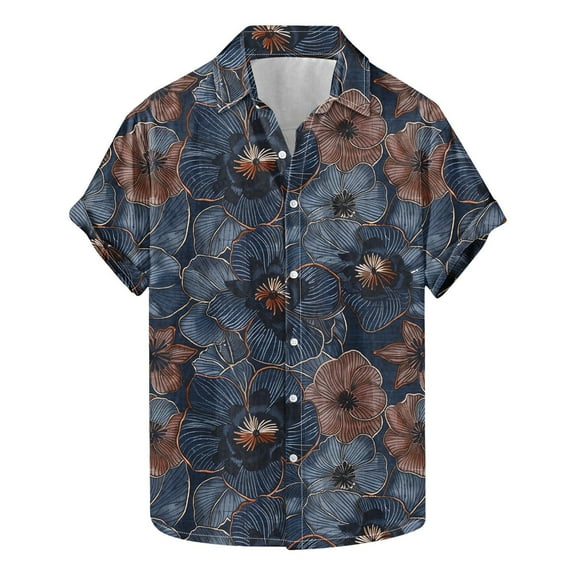 Idoravan Summer 2025 Summer Clothes for Men T-Shirt Men's Summer Fashion Floral Print Short Sleeved Lapel Shirt Top