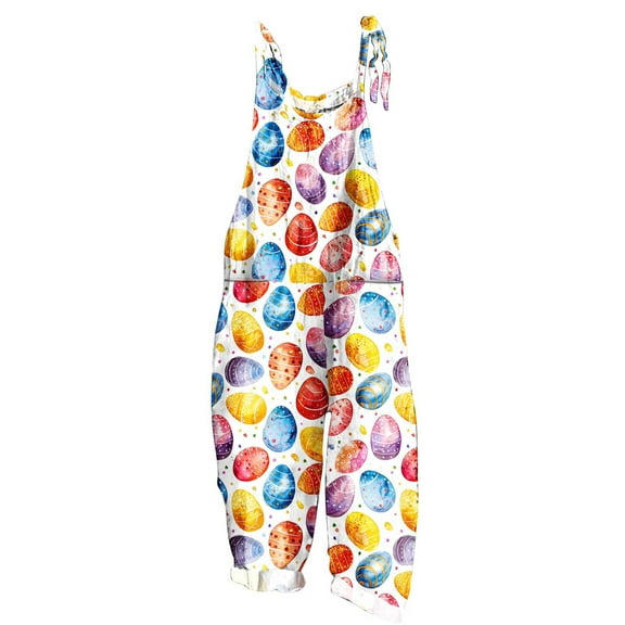 Idoravan Summer Womens Clothes Pants Ladies' Easter Print Sleeveless Two Pocket Casual Overalls Jumpsuit Jumpsuit Pants