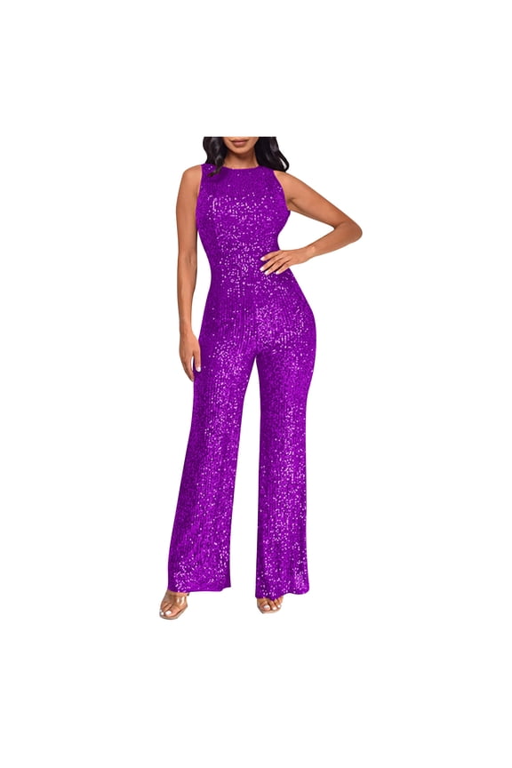 Summer Womens Clothes Pants Women'S Solid Color High-Waisted Sleeveless Round Neck-The-Shoulder Sequin Slim Long Sequin Romper