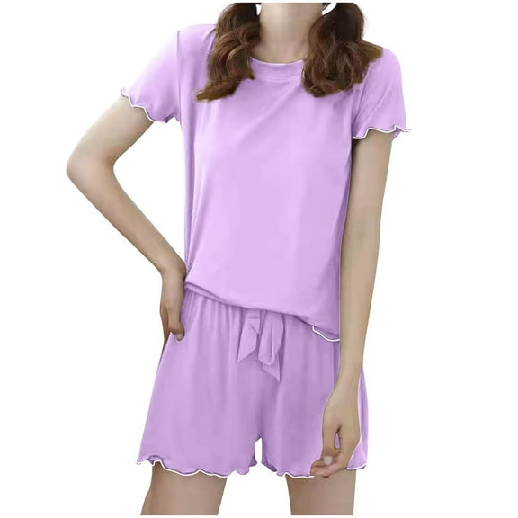 Idoravan Summer Sets for Women 2025 Womens Lounge Sets 2 Piece Outfits Women Casual Knitted Streak Round Neck Short Sleeve Shorts Home Set