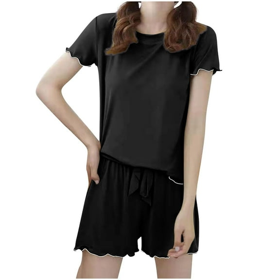 Idoravan Summer Sets for Women 2025 Womens Sets 2 Piece Outfits Lounge Women Casual Knitted Streak Round Neck Short Sleeve Shorts Home Set