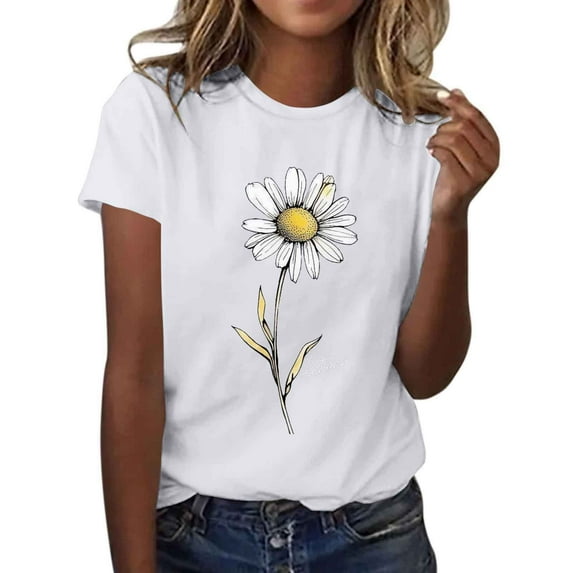 Idoravan Summer T's for Women Ladies' Fashionable Printed Flower Print Shirts Short Sleeved T-shirt Top