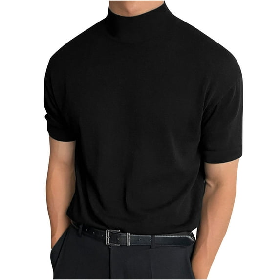 Idoravan Summer Tops for Men 2025 Solid Color T Shirts for Men Men's Summer Fashion Tight Casual Solid Color Short Sleeve High Round Neck Collar Blouse