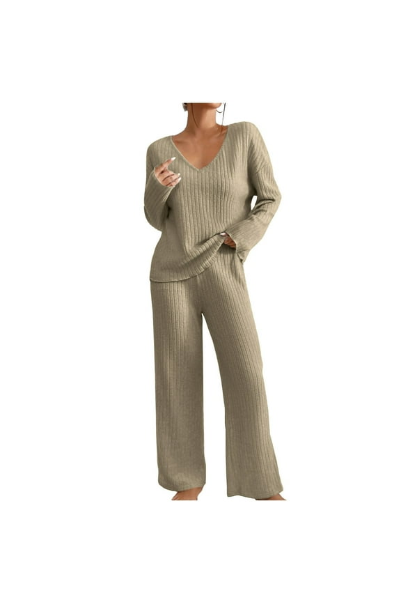 Black and Friday Clothing Sales Idoravan Sweater Lounge Sets for Women V Neck Sweaters Women's Fashion Solid Knitted Round Neck Long Sleeve Casual Pants Set Khaki