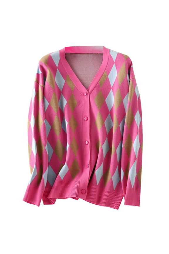 Sweaters for Women Button Up Fashion Women's Casual Long Sleeve Knitted Short Cardigan Tops Blouse Coat Thin Style Diamond Check