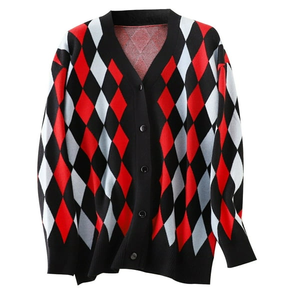 Idoravan Sweaters for Women Button Up Fashion Women's Casual Long Sleeve Knitted Short Cardigan Tops Blouse Coat Thin Style Diamond Check