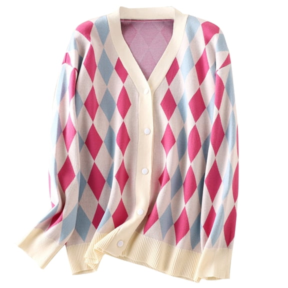 Idoravan Sweaters for Women Button Up Fashion Women's Casual Long Sleeve Knitted Short Cardigan Tops Blouse Coat Thin Style Diamond Check